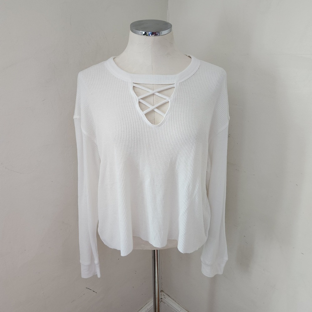 Hollister Must Have Collection White Waffle Knit Lace‎ Up Thermal Top XS